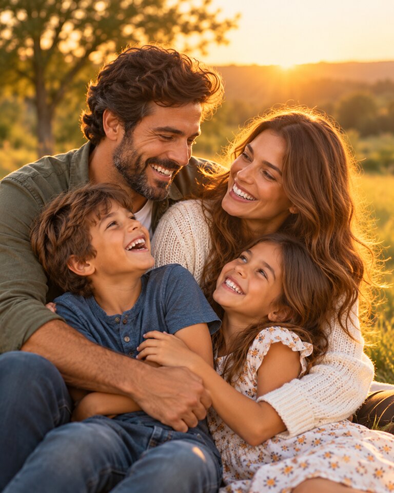 Pai, mãe e dois filhos sorrindo juntos em um abraço leve e acolhedor