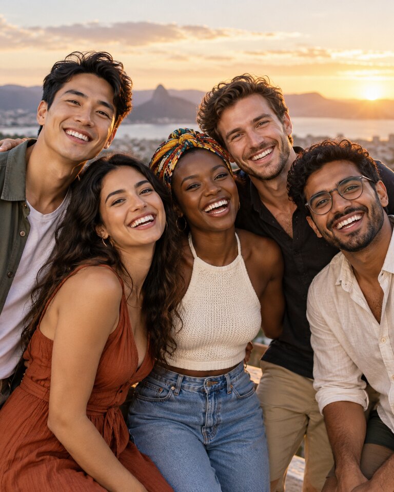 Grupo de cinco amigos adultos de etnias diferentes sorrindo juntos
